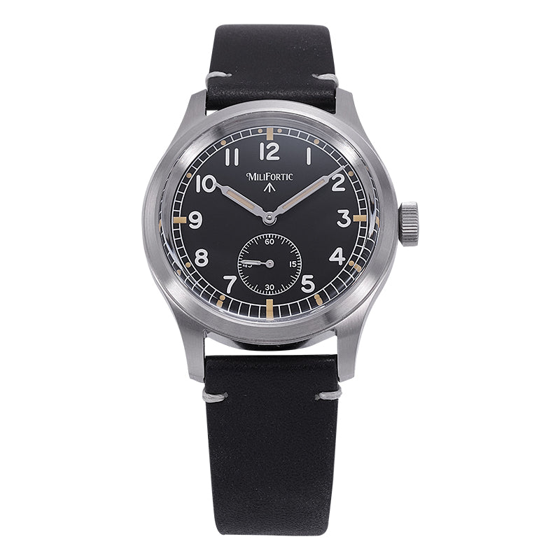 Black dial, black strap watch, front view, Dirty Dozen style