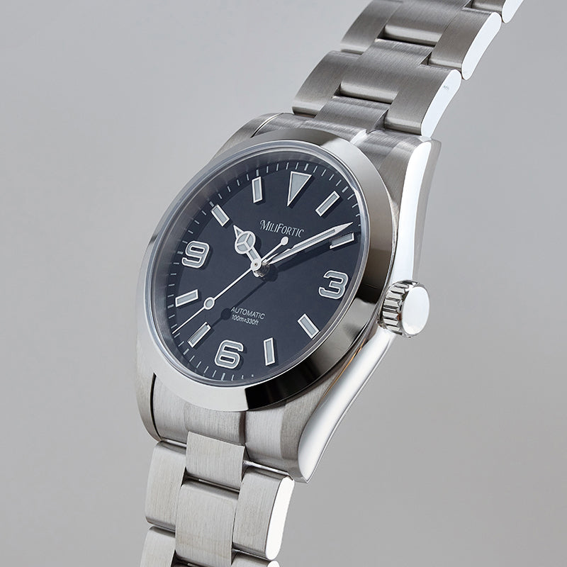 Stainless steel watch with black dial