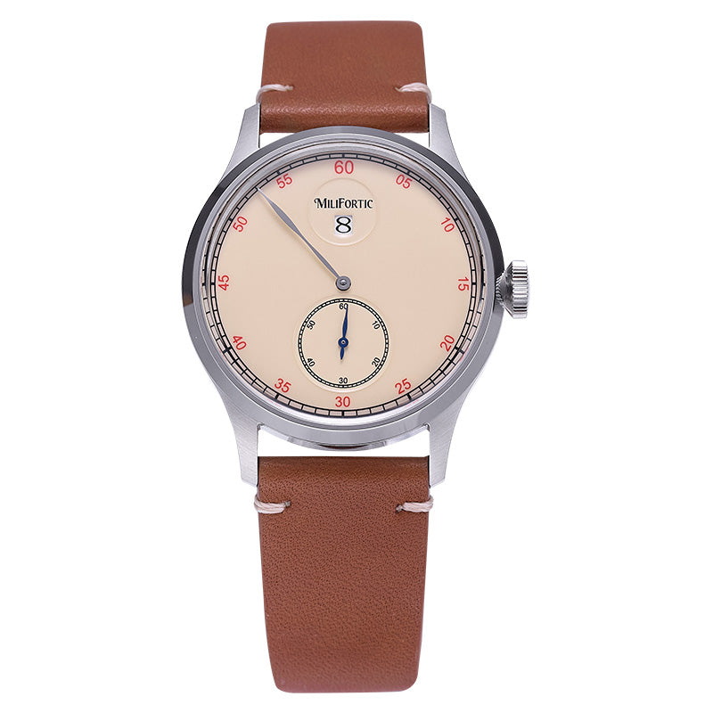 Jump hour automatic watch with brown strap and yellow dial, front view