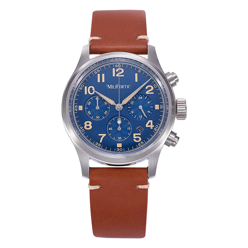 Solar watch with blue dial, chronograph function, and brown strap