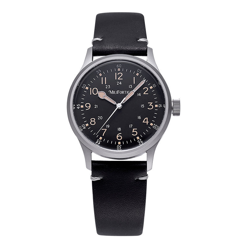 Field watch with leaf-shaped hands and black dial, front view