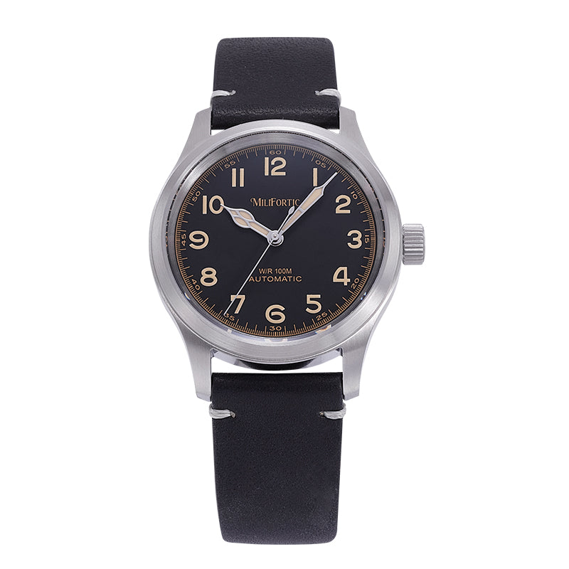 Murph watch with peach-shaped hands, front view