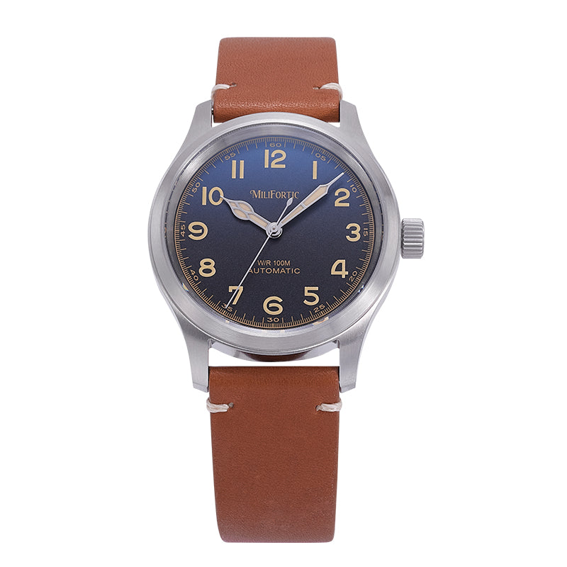 Field watch with brown strap and blue dial, front view