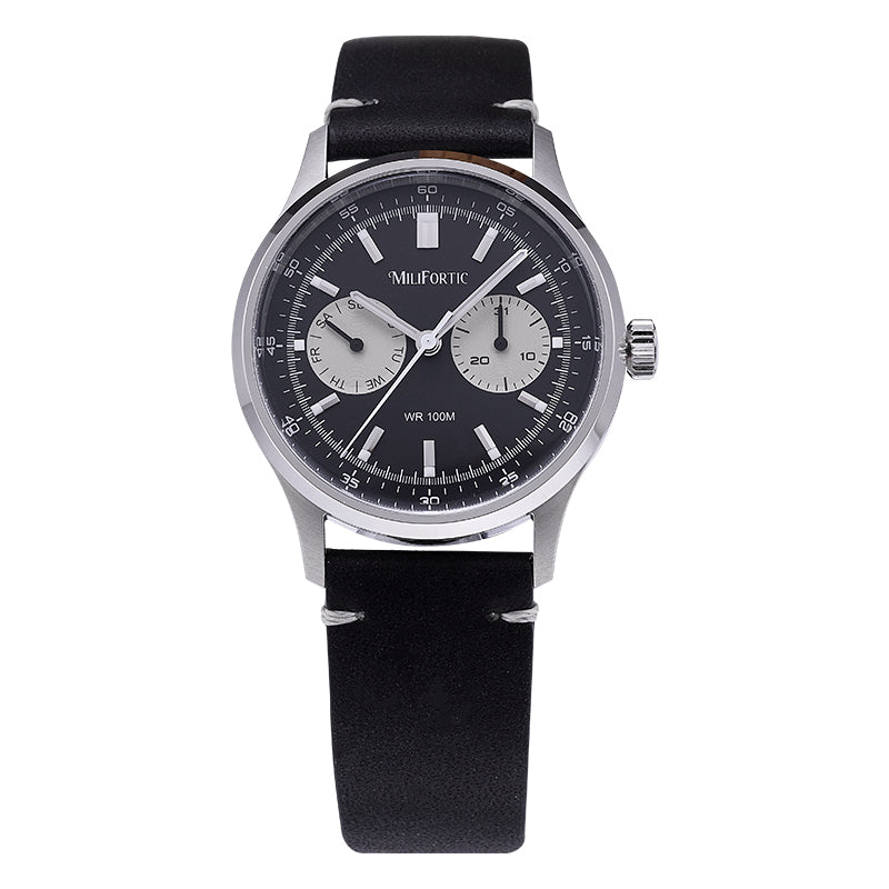 Black dial, black leather strap, inspired by American classic chronograph design.