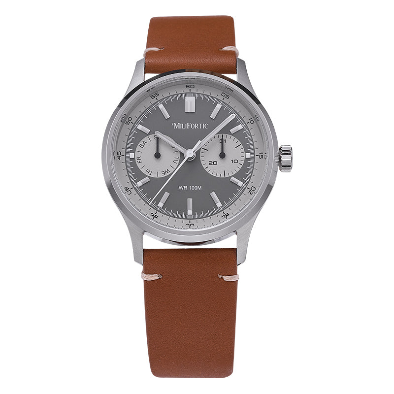 Green dial, brown leather strap, two subdials, date and day pointer indicators.