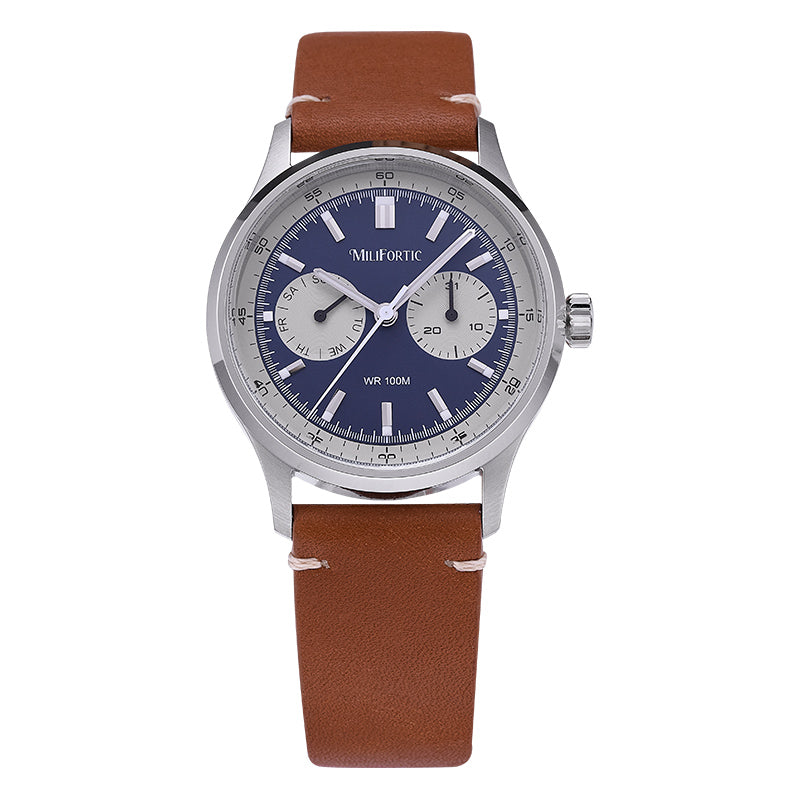 R078 watch with blue dial, two subdials, and brown leather strap, front view