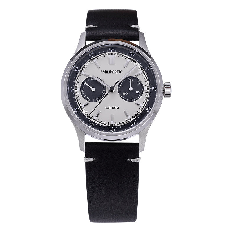 Gray dial, black leather strap, two subdials, date and day pointer indicators.