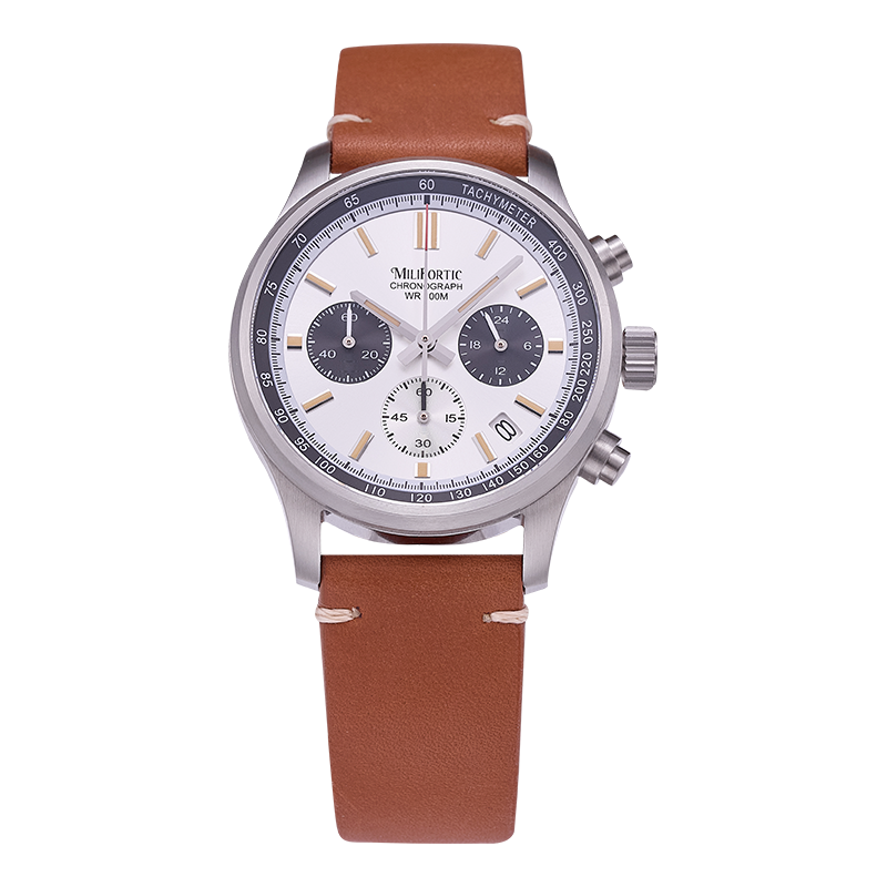 White dial chronograph with brown strap, front view, featuring three small subdials