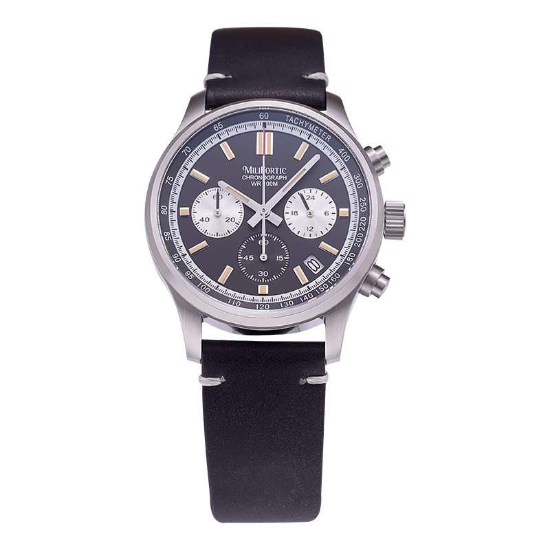 Black dial chronograph watch, front view, featuring date and 24-hour functions