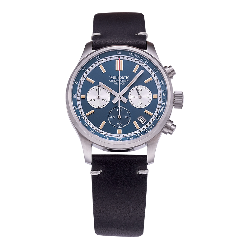 Blue dial, black strap chronograph watch, front view