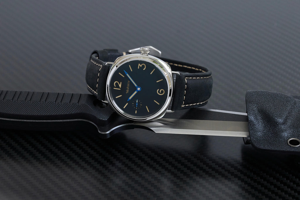 Milifortic E064A Panerai Radiomir homage with sandwich dial and heat-blued hands