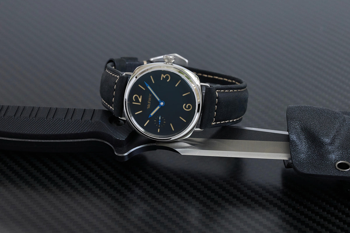 Milifortic E064A Panerai Radiomir homage with sandwich dial and heat-blued hands