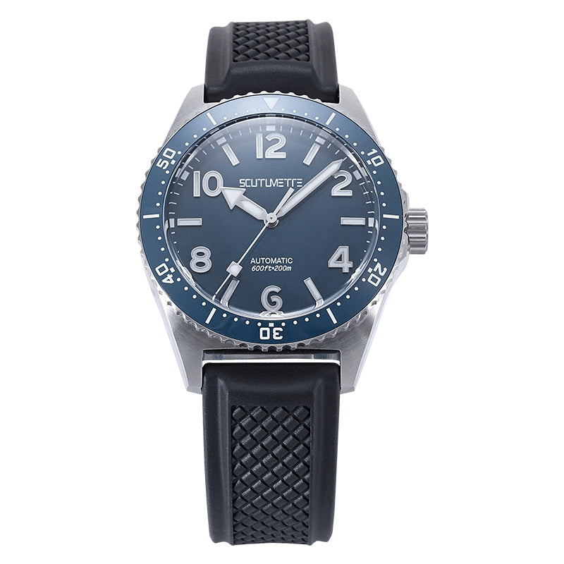 SCMT dive watch with rubber strap, blue bezel, blue dial, 200-meter water resistance