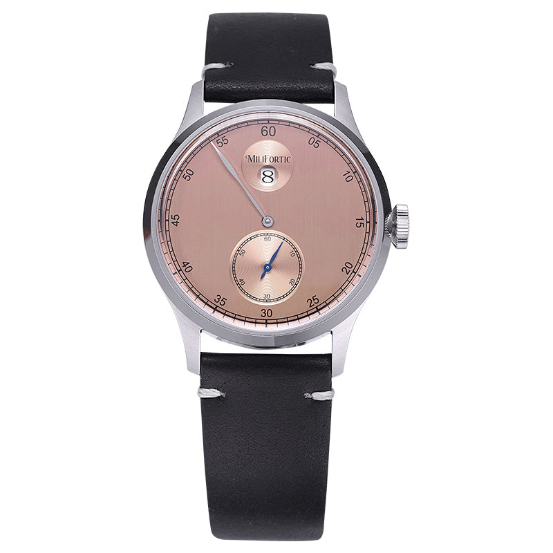 Jump hour automatic watch with black strap and salmon-colored dial, front view