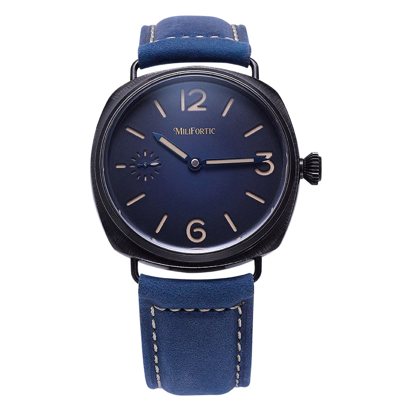 Milifortic Blue Dial 44mm Manual Mechanical Retro Black Case Watch E064B